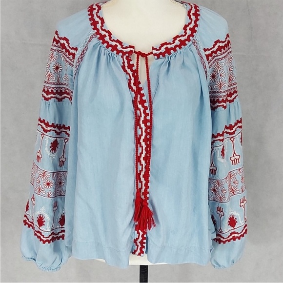ZARA Bohemian Red and Blue Embroidered Women's Top - Picture 2 of 8